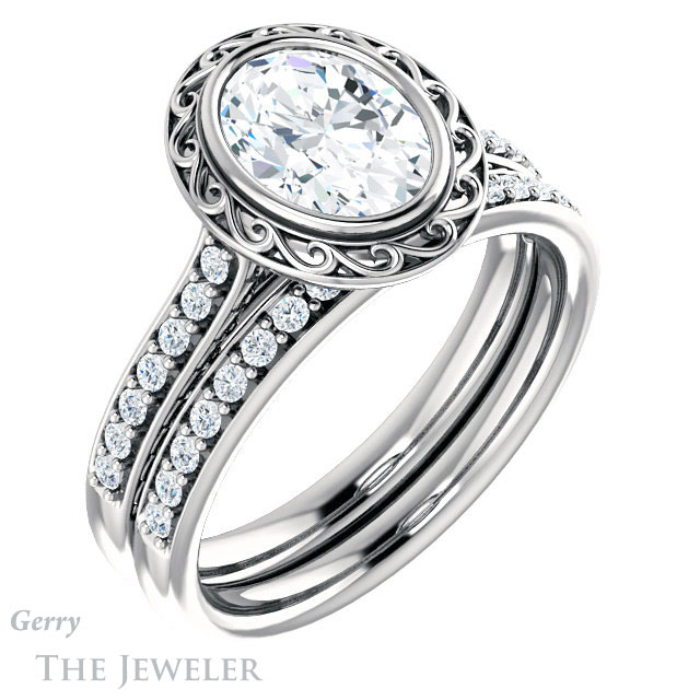 Oval Shaped Forever One Moissanite Engagement Ring #GTJ1105-oval-fo-w | Gerry The Jeweler Oval Shaped Forever One Moissanite Engagement Ring #GTJ1105-oval-fo-w