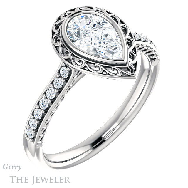 Pear Shaped Forever One Moissanite Engagement Ring #GTJ1105-pear-fb-w | Gerry The Jeweler Pear Shaped Forever Brilliant Moissanite Engagement Ring #GTJ1105-pear-fb-w
