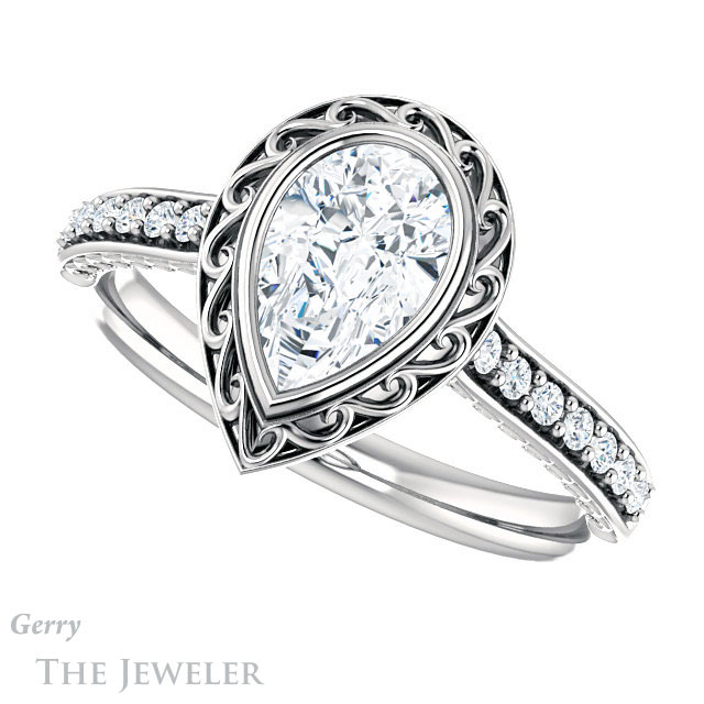 Pear Shaped Forever One Moissanite Engagement Ring #GTJ1105-pear-fb-w | Gerry The Jeweler Pear Shaped Forever Brilliant Moissanite Engagement Ring #GTJ1105-pear-fb-w
