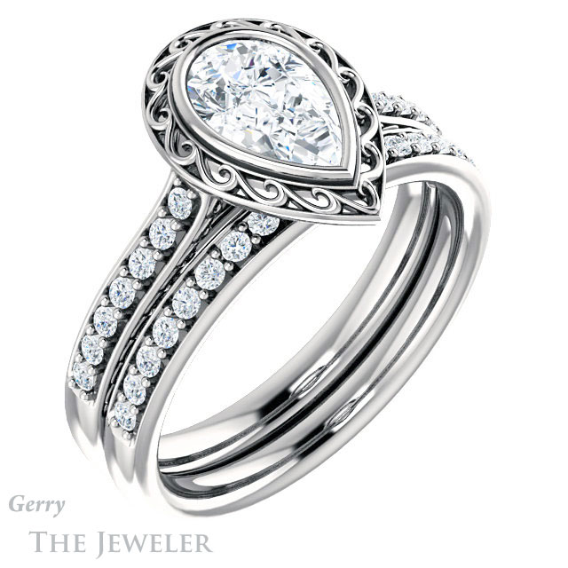 Pear Shaped Forever One Moissanite Engagement Ring #GTJ1105-pear-fb-w | Gerry The Jeweler Pear Shaped Forever Brilliant Moissanite Engagement Ring #GTJ1105-pear-fb-w