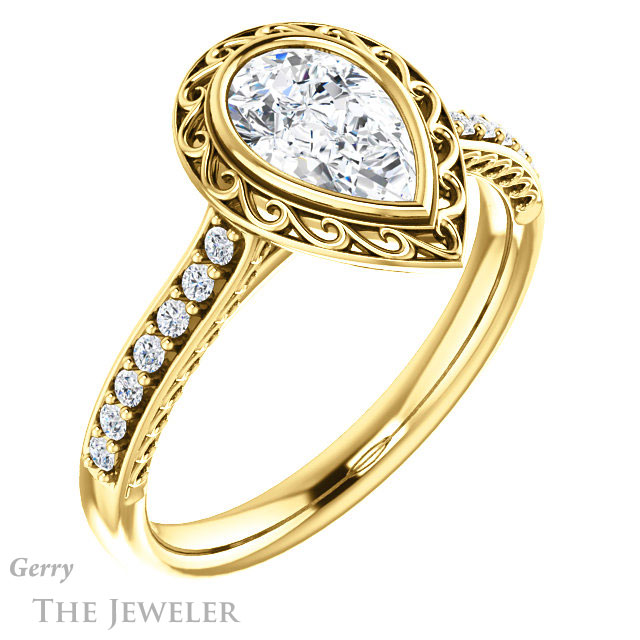 Pear Shaped Forever One Moissanite Engagement Ring #GTJ1105-pear-fb-y | Gerry The Jeweler Pear Shaped Forever Brilliant Moissanite Engagement Ring #GTJ1105-pear-fb-y