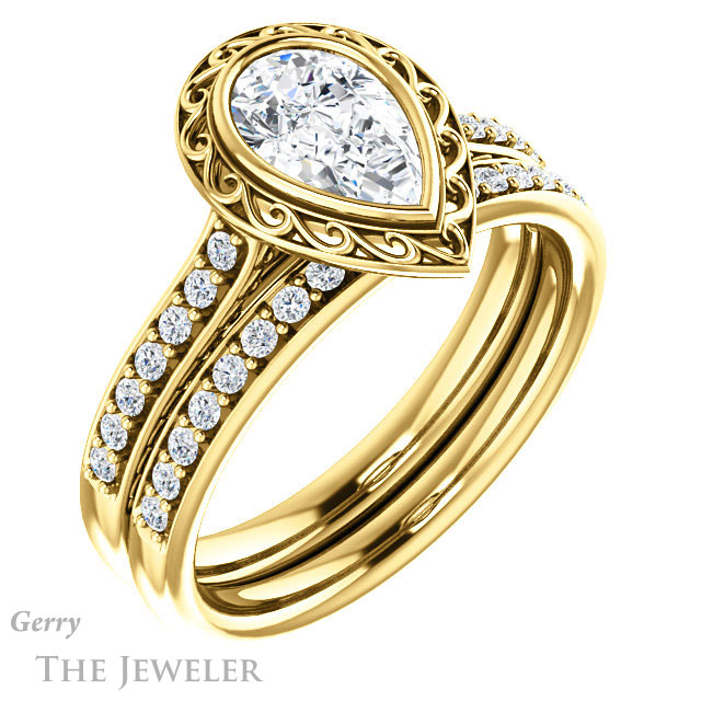 Pear Shaped Forever One Moissanite Engagement Ring #GTJ1105-pear-fb-y | Gerry The Jeweler Pear Shaped Forever Brilliant Moissanite Engagement Ring #GTJ1105-pear-fb-y