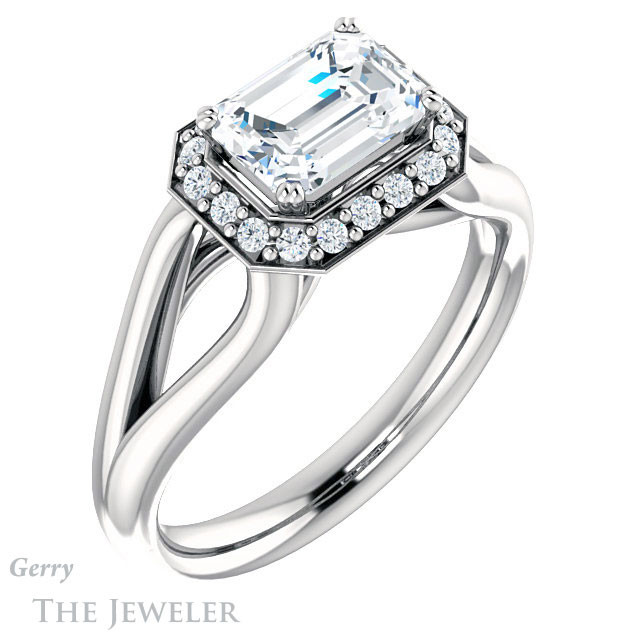 Emerald Cut Forever One Moissanite Engagement Ring #GTJ1108-emerald-fb-w | Gerry The Jeweler Emerald Cut Forever Brilliant Moissanite Engagement Ring #GTJ1108-emerald-fb-w