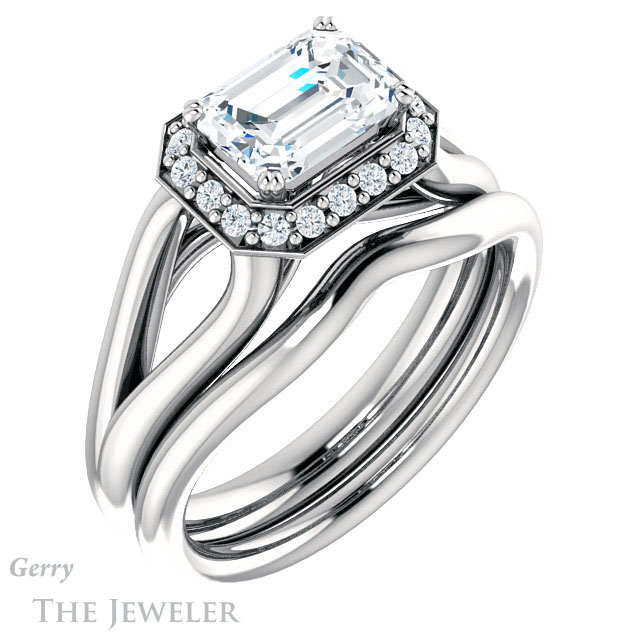 Emerald Cut Forever One Moissanite Engagement Ring #GTJ1108-emerald-fb-w | Gerry The Jeweler Emerald Cut Forever Brilliant Moissanite Engagement Ring #GTJ1108-emerald-fb-w