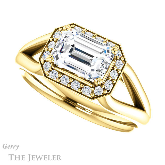 Emerald Cut Forever One Moissanite Engagement Ring #GTJ1108-emerald-fb-y | Gerry The Jeweler Emerald Cut Forever Brilliant Moissanite Engagement Ring #GTJ1108-emerald-fb-y