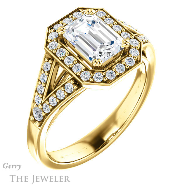 Emerald Cut Forever One Moissanite Engagement Ring #GTJ1112-emerald-fb-y 4 Emerald Cut Forever Brilliant Moissanite Engagement Ring #GTJ1112-emerald-fb-y
