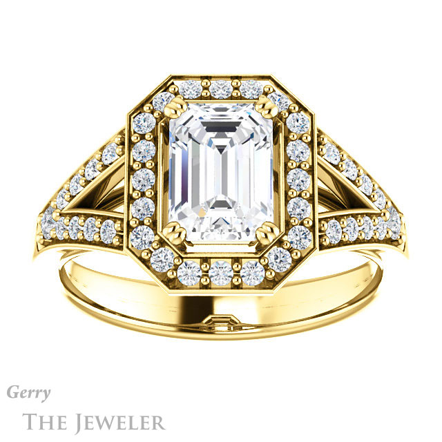 Emerald Cut Forever One Moissanite Engagement Ring #GTJ1112-emerald-fb-y 1 Emerald Cut Forever Brilliant Moissanite Engagement Ring #GTJ1112-emerald-fb-y