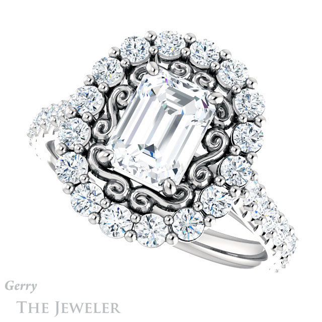 Emerald Cut Forever One Moissanite Engagement Ring #GTJ1113-emerald-fb-w | Gerry The Jeweler Emerald Cut Forever Brilliant Moissanite Engagement Ring #GTJ1113-emerald-fb-w