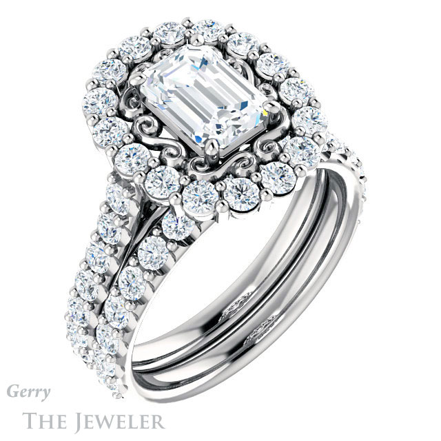 Emerald Cut Forever One Moissanite Engagement Ring #GTJ1113-emerald-fb-w | Gerry The Jeweler Emerald Cut Forever Brilliant Moissanite Engagement Ring #GTJ1113-emerald-fb-w