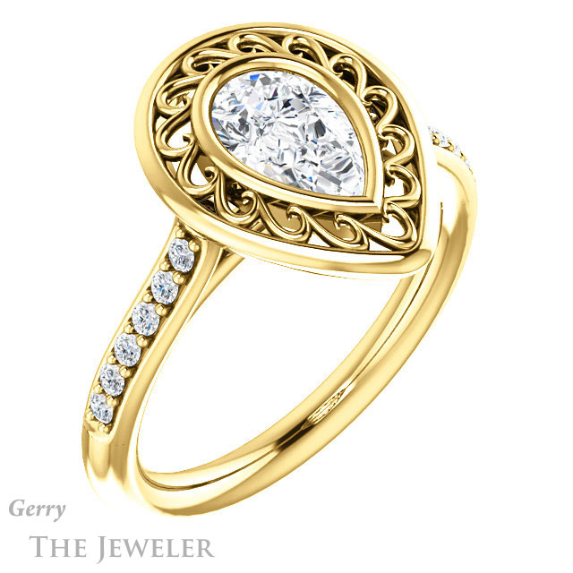 Pear Shaped Forever One Moissanite Engagement Ring #GTJ1114-pear-fb-y | Gerry The Jeweler Pear Shaped Forever Brilliant Moissanite Engagement Ring #GTJ1114-pear-fb-y