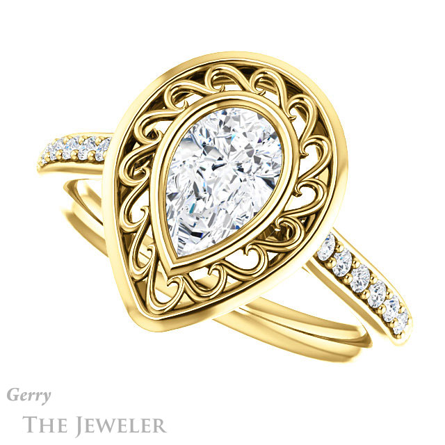 Pear Shaped Forever One Moissanite Engagement Ring #GTJ1114-pear-fb-y | Gerry The Jeweler Pear Shaped Forever Brilliant Moissanite Engagement Ring #GTJ1114-pear-fb-y