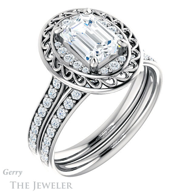Emerald Cut Forever One Moissanite Engagement Ring #GTJ1115-emerald-fb-w | Gerry The Jeweler Emerald Cut Forever Brilliant Moissanite Engagement Ring #GTJ1115-emerald-fb-w