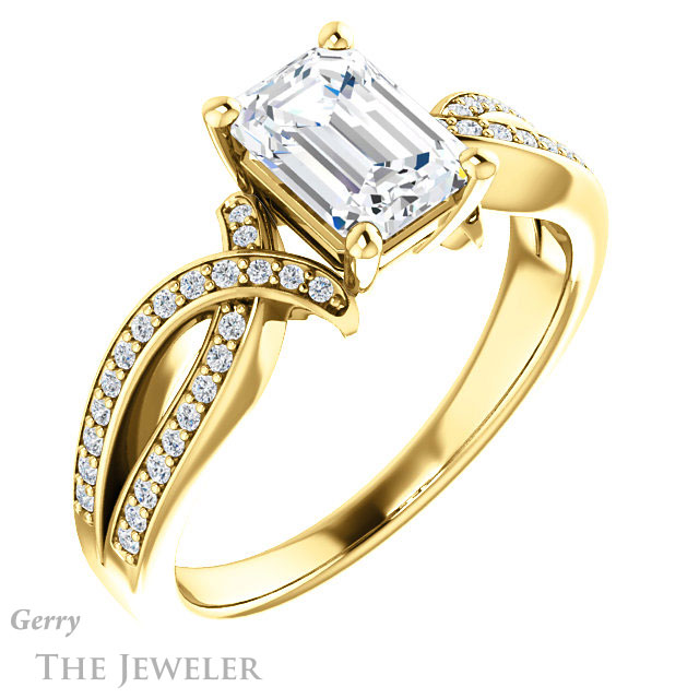 Emerald Cut Forever One Moissanite Engagement Ring #GTJ1127-emerald-fb-y 4 Emerald Cut Forever Brilliant Moissanite Engagement Ring #GTJ1127-emerald-fb-y