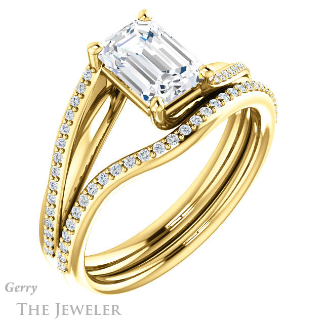 Emerald Cut Forever One Moissanite Engagement Ring #GTJ1129-emerald-fb-y 6 Emerald Cut Forever Brilliant Moissanite Engagement Ring #GTJ1129-emerald-fb-y