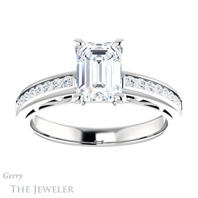 Emerald Cut Forever One Moissanite Engagement Ring #GTJ1150-emerald-fb-w 1 Emerald Cut Forever Brilliant Moissanite Engagement Ring #GTJ1150-emerald-fb-w
