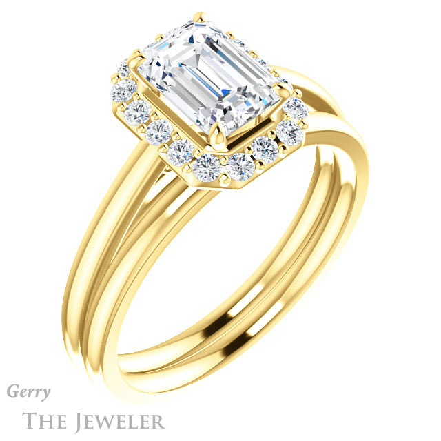 Emerald Cut Forever One Moissanite Engagement Ring #GTJ1151-emerald-fb-y 6 Emerald Cut Forever Brilliant Moissanite Engagement Ring #GTJ1151-emerald-fb-y