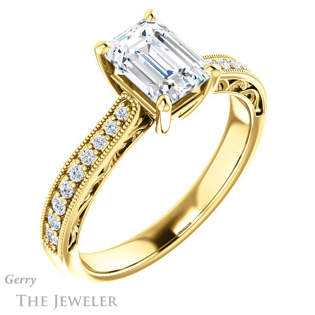 Emerald Cut Forever One Moissanite Engagement Ring #GTJ1152-emerald-fb-y 4 Emerald Cut Forever Brilliant Moissanite Engagement Ring #GTJ1152-emerald-fb-y