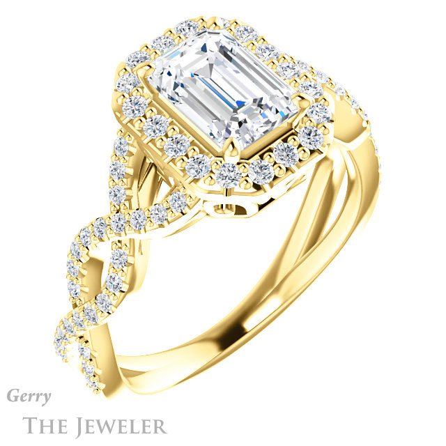Emerald Cut Forever One Moissanite Engagement Ring #GTJ1159-emerald-fb-y 4 Emerald Cut Forever Brilliant Moissanite Engagement Ring #GTJ1159-emerald-fb-y