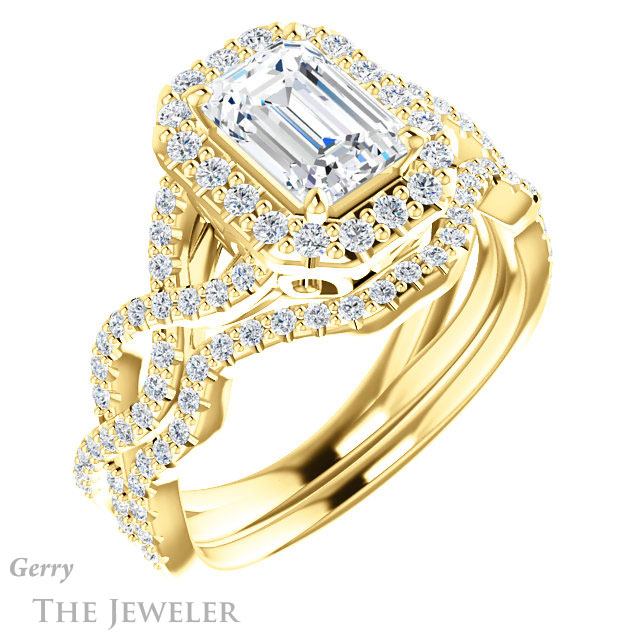 Emerald Cut Forever One Moissanite Engagement Ring #GTJ1159-emerald-fb-y 6 Emerald Cut Forever Brilliant Moissanite Engagement Ring #GTJ1159-emerald-fb-y