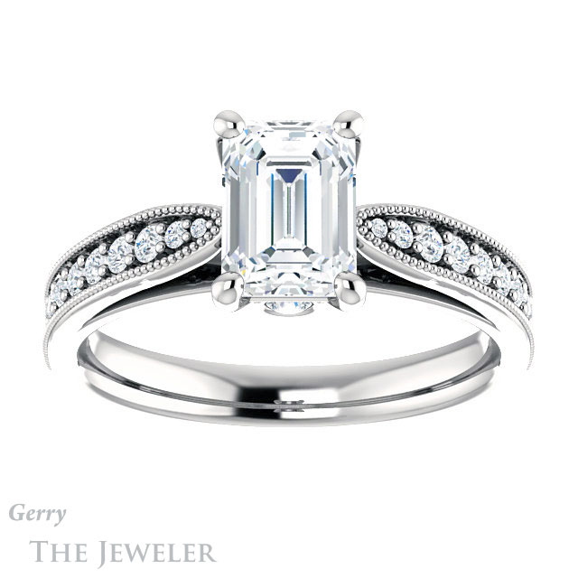 Emerald Cut Forever One Moissanite Engagement Ring #GTJ1163-emerald-fb-w 1 Emerald Cut Forever Brilliant Moissanite Engagement Ring #GTJ1163-emerald-fb-w