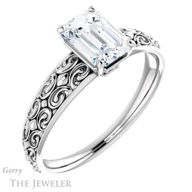 Emerald Cut Forever One Moissanite Engagement Ring #GTJ1180-emerald-fb-w 4 Emerald Cut Forever Brilliant Moissanite Engagement Ring #GTJ1180-emerald-fb-w