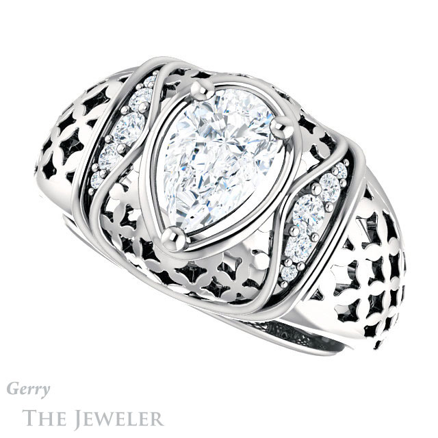 Pear Shaped Forever One Moissanite Engagement Ring #GTJ1186-pear-fb-w | Gerry The Jeweler Pear Shaped Forever Brilliant Moissanite Engagement Ring #GTJ1186-pear-fb-w