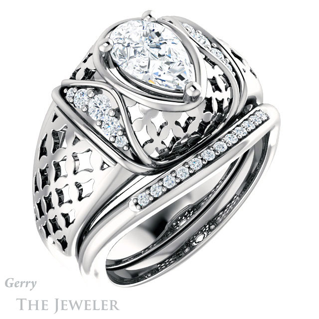 Pear Shaped Forever One Moissanite Engagement Ring #GTJ1186-pear-fb-w | Gerry The Jeweler Pear Shaped Forever Brilliant Moissanite Engagement Ring #GTJ1186-pear-fb-w