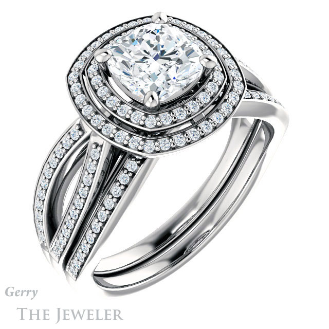 Cushion Cut Forever One Moissanite Engagement Ring #GTJ1188-cushion-fo-w | Gerry The Jeweler Cushion Cut Forever One Moissanite Engagement Ring #GTJ1188-cushion-fo-w