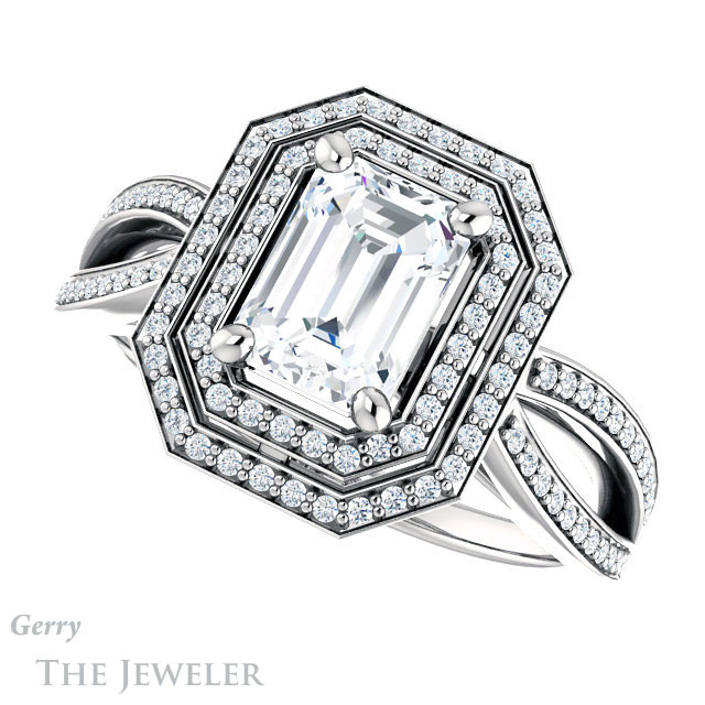 Emerald Cut Forever One Moissanite Engagement Ring #GTJ1188-emerald-fb-w | Gerry The Jeweler Emerald Cut Forever Brilliant Moissanite Engagement Ring #GTJ1188-emerald-fb-w