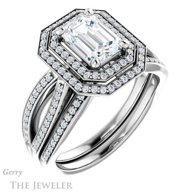 Emerald Cut Forever One Moissanite Engagement Ring #GTJ1188-emerald-fb-w | Gerry The Jeweler Emerald Cut Forever Brilliant Moissanite Engagement Ring #GTJ1188-emerald-fb-w