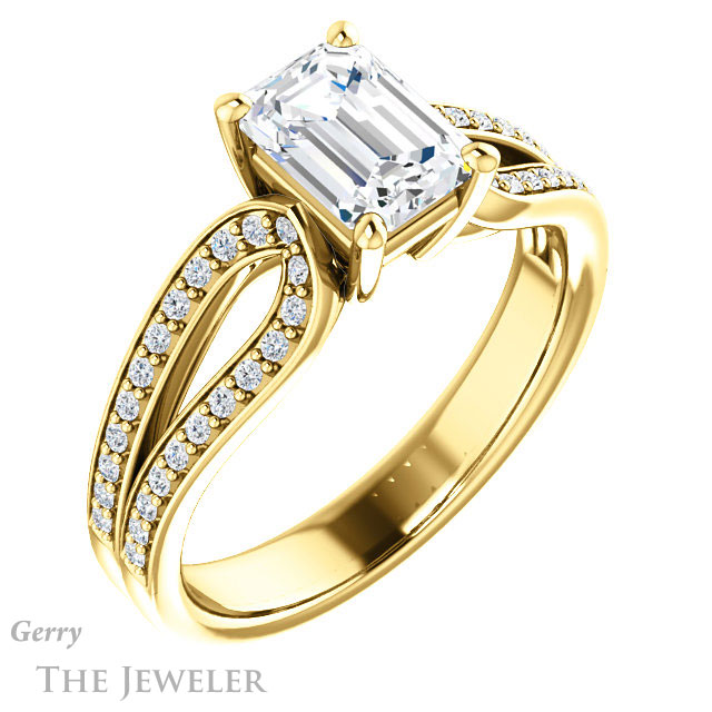 Emerald Cut Forever One Moissanite Engagement Ring #GTJ1198-emerald-fb-y 4 Emerald Cut Forever Brilliant Moissanite Engagement Ring #GTJ1198-emerald-fb-y