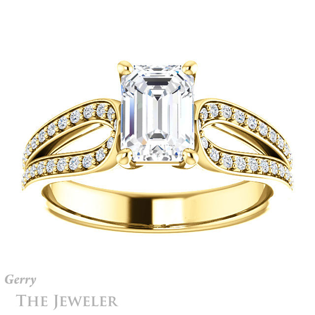 Emerald Cut Forever One Moissanite Engagement Ring #GTJ1198-emerald-fb-y 1 Emerald Cut Forever Brilliant Moissanite Engagement Ring #GTJ1198-emerald-fb-y
