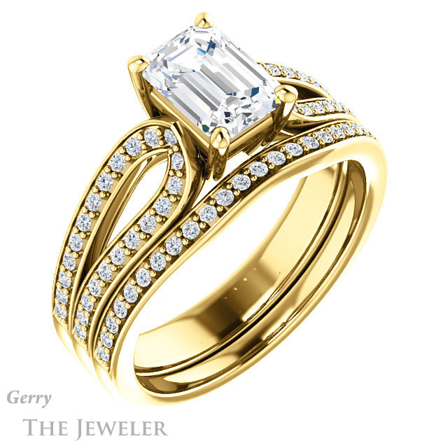 Emerald Cut Forever One Moissanite Engagement Ring #GTJ1198-emerald-fb-y 6 Emerald Cut Forever Brilliant Moissanite Engagement Ring #GTJ1198-emerald-fb-y
