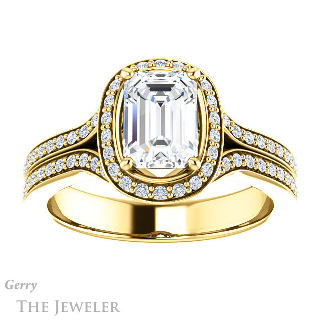 Emerald Cut Forever One Moissanite Engagement Ring #GTJ1203-emerald-fb-y 1 Emerald Cut Forever Brilliant Moissanite Engagement Ring #GTJ1203-emerald-fb-y