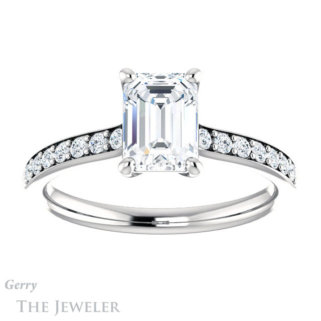 Emerald Cut Forever One Moissanite Engagement Ring #GTJ1206-emerald-fb-w 1 Emerald Cut Forever Brilliant Moissanite Engagement Ring #GTJ1206-emerald-fb-w