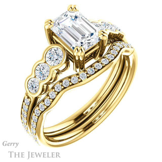 Emerald Cut Forever One Moissanite Engagement Ring #GTJ1208-emerald-fb-y 6 Emerald Cut Forever Brilliant Moissanite Engagement Ring #GTJ1208-emerald-fb-y
