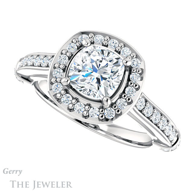 Cushion Cut Forever One Moissanite Engagement Ring #GTJ1219-cushion-fo-w | Gerry The Jeweler Cushion Cut Forever One Moissanite Engagement Ring #GTJ1219-cushion-fo-w