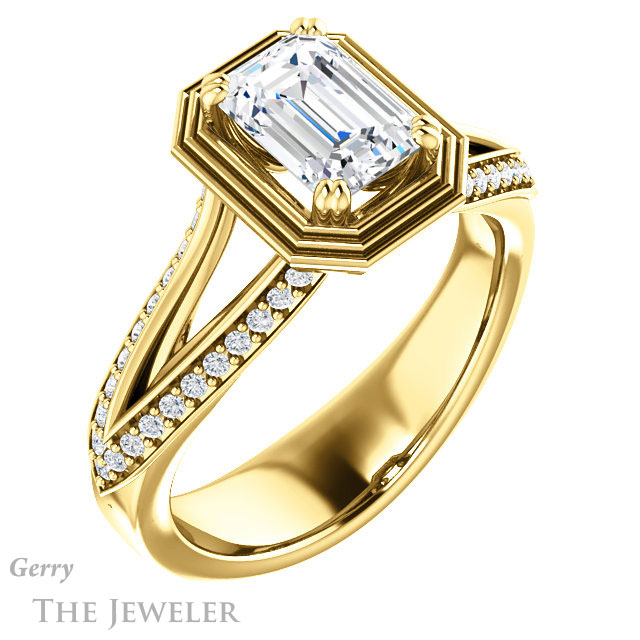 Emerald Cut Forever One Moissanite Engagement Ring #GTJ1228-emerald-fb-y | Gerry The Jeweler Emerald Cut Forever Brilliant Moissanite Engagement Ring #GTJ1228-emerald-fb-y