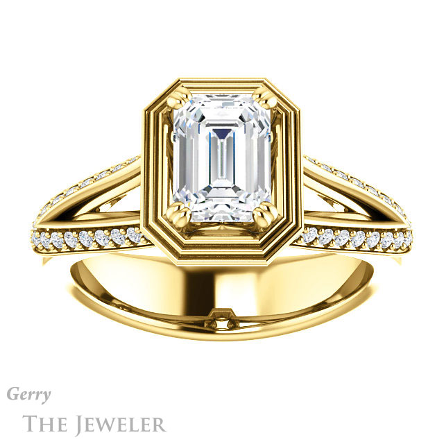 Emerald Cut Forever One Moissanite Engagement Ring #GTJ1228-emerald-fb-y | Gerry The Jeweler Emerald Cut Forever Brilliant Moissanite Engagement Ring #GTJ1228-emerald-fb-y