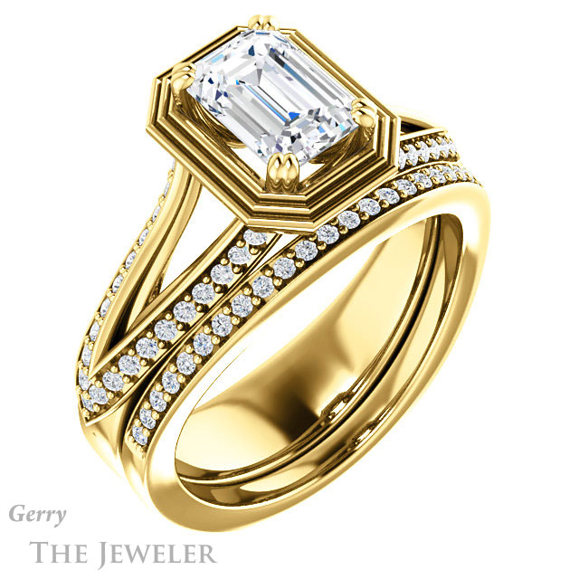 Emerald Cut Forever One Moissanite Engagement Ring #GTJ1228-emerald-fb-y | Gerry The Jeweler Emerald Cut Forever Brilliant Moissanite Engagement Ring #GTJ1228-emerald-fb-y