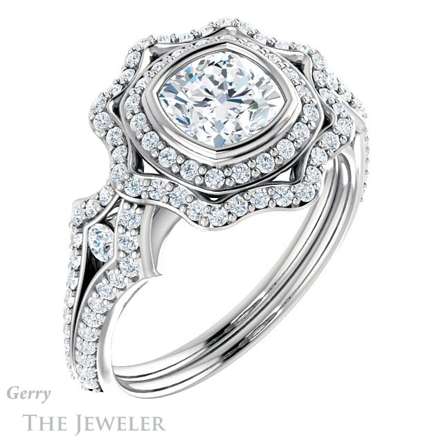 Cushion Cut Forever One Moissanite Engagement Ring #GTJ1233-cushion-fo-w | Gerry The Jeweler Cushion Cut Forever One Moissanite Engagement Ring #GTJ1233-cushion-fo-w