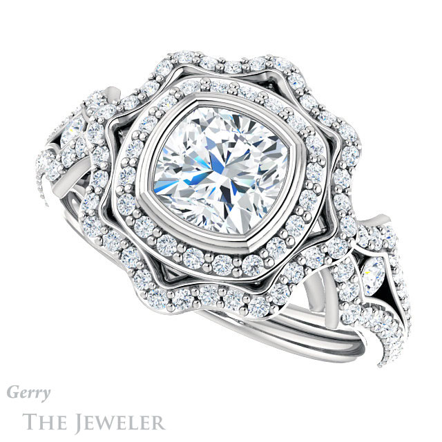Cushion Cut Forever One Moissanite Engagement Ring #GTJ1233-cushion-fo-w | Gerry The Jeweler Cushion Cut Forever One Moissanite Engagement Ring #GTJ1233-cushion-fo-w