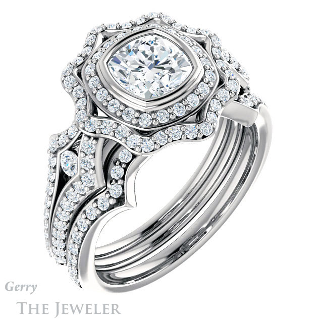 Cushion Cut Forever One Moissanite Engagement Ring #GTJ1233-cushion-fo-w | Gerry The Jeweler Cushion Cut Forever One Moissanite Engagement Ring #GTJ1233-cushion-fo-w