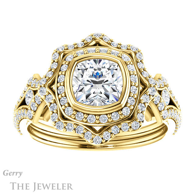 Cushion Cut Forever One Moissanite Engagement Ring #GTJ1233-cushion-fo-y | Gerry The Jeweler Cushion Cut Forever One Moissanite Engagement Ring #GTJ1233-cushion-fo-y