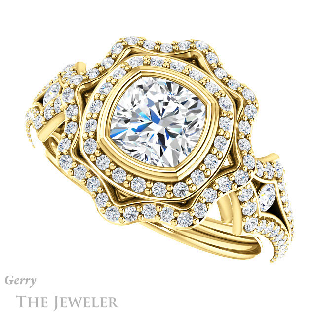 Cushion Cut Forever One Moissanite Engagement Ring #GTJ1233-cushion-fo-y | Gerry The Jeweler Cushion Cut Forever One Moissanite Engagement Ring #GTJ1233-cushion-fo-y