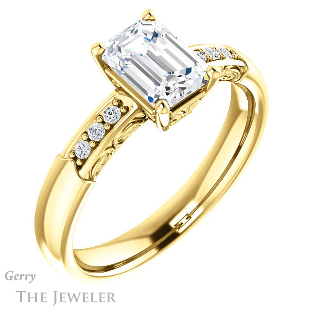 Emerald Cut Forever One Moissanite Engagement Ring #GTJ1249-emerald-fb-y 4 Emerald Cut Forever Brilliant Moissanite Engagement Ring #GTJ1249-emerald-fb-y