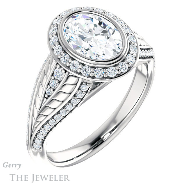 Oval Shaped Forever One Moissanite Engagement Ring #GTJ1256-oval-fo-w | Gerry The Jeweler Oval Shaped Forever One Moissanite Engagement Ring #GTJ1256-oval-fo-w
