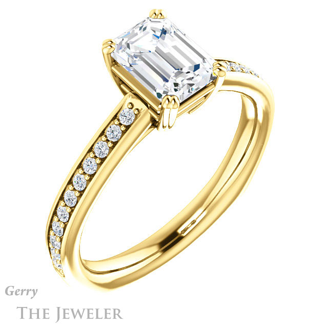 Emerald Cut Forever One Moissanite Engagement Ring #GTJ1265-emerald-fb-y 4 Emerald Cut Forever Brilliant Moissanite Engagement Ring #GTJ1265-emerald-fb-y