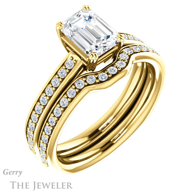 Emerald Cut Forever One Moissanite Engagement Ring #GTJ1265-emerald-fb-y 6 Emerald Cut Forever Brilliant Moissanite Engagement Ring #GTJ1265-emerald-fb-y
