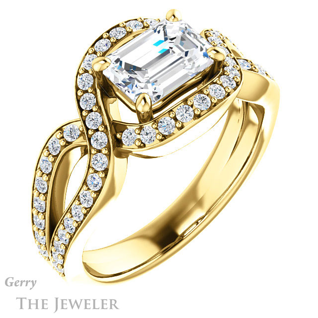 Emerald Cut Forever One Moissanite Engagement Ring #GTJ1267-emerald-fb-y 4 Emerald Cut Forever Brilliant Moissanite Engagement Ring #GTJ1267-emerald-fb-y